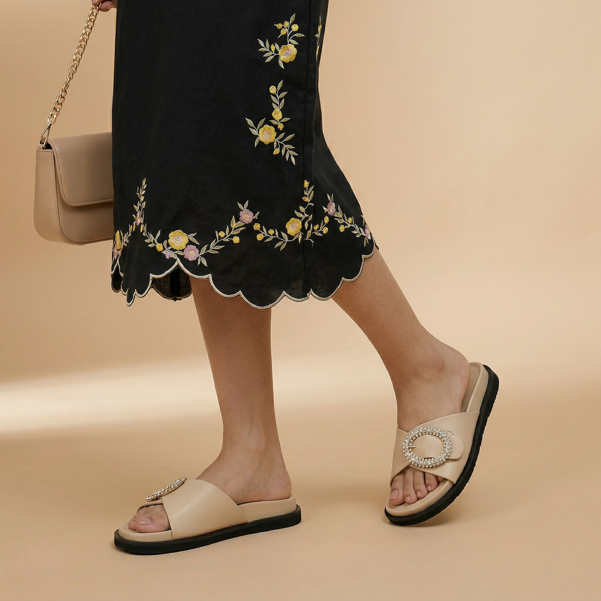 CHLLEN Beige Opal Crystal Buckle Slides