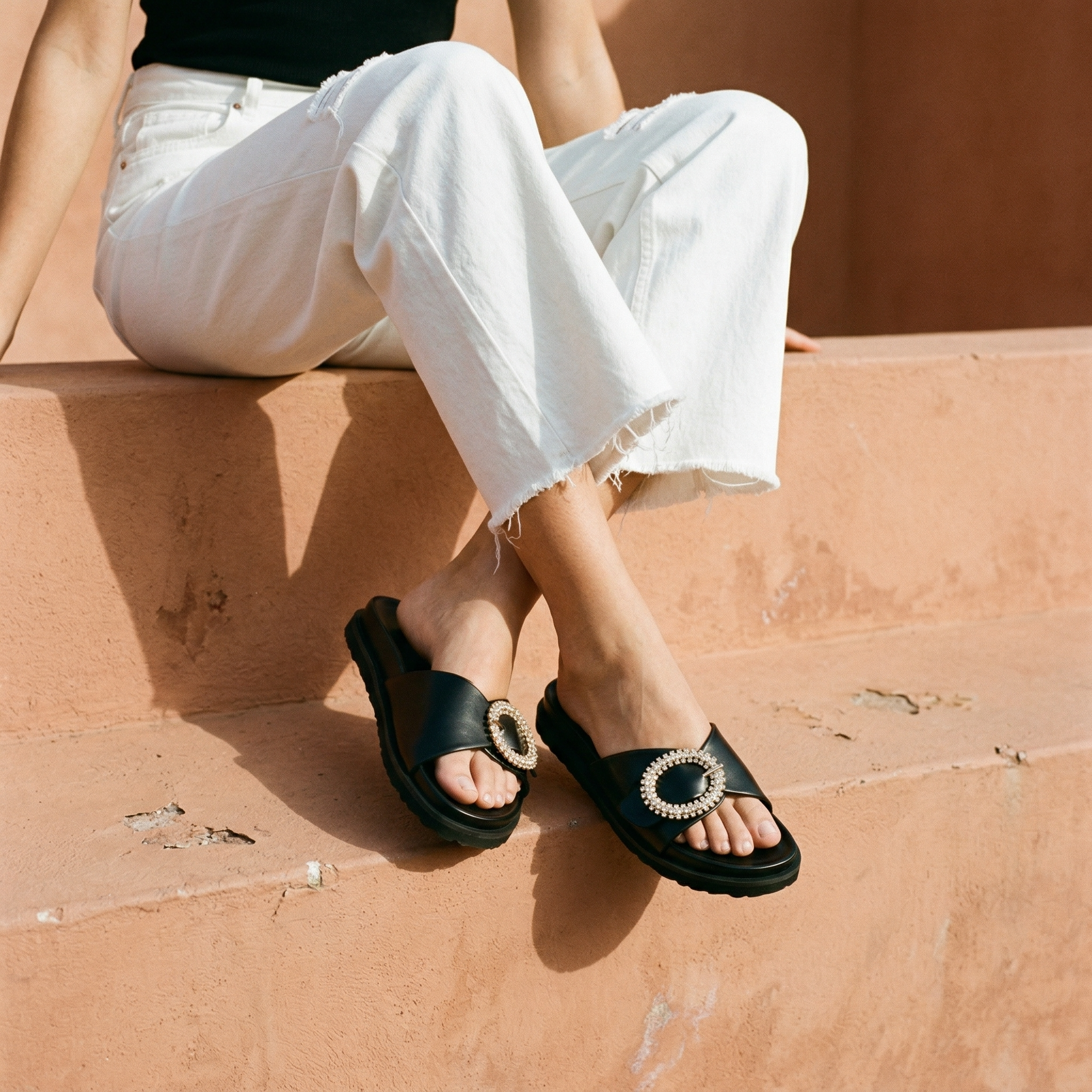 CHLLEN Black Opal Studded Slide Flats